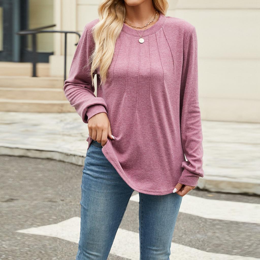 Женская мода повседневный однотонный плиссированный круглый вырез с длинным рукавом свободный пуловер топ