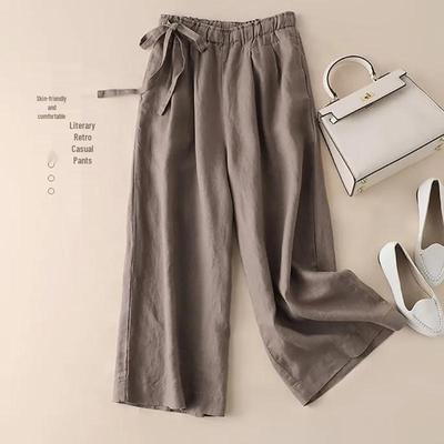 Женские брюки с высокой талией из хлопка и льна с широкими штанинами - Летний повседневный ретро-стиль с боковой завязкой