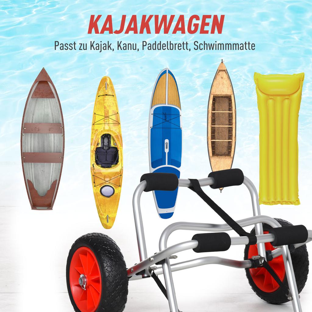 Aluminum Canoe Cart Kayak Cart Surf Cart Foldable with Strap Faux Leather Wheels Silver up to 75 kg 68 x 44.5 x 40 cm