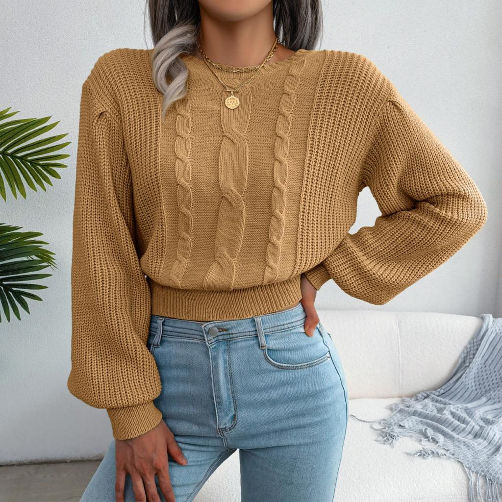 Women's Fashion Casual Knitted Sweater Top With Twisted Cable Pattern, Lanterned Sleeves, And Waist-Cinching Design For Fall And Winter