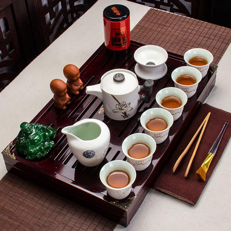 Китайский чайный сервиз, прозрачный термостойкий стеклянный чайный сервиз из массива дерева с подносом для чая кунг-фу.