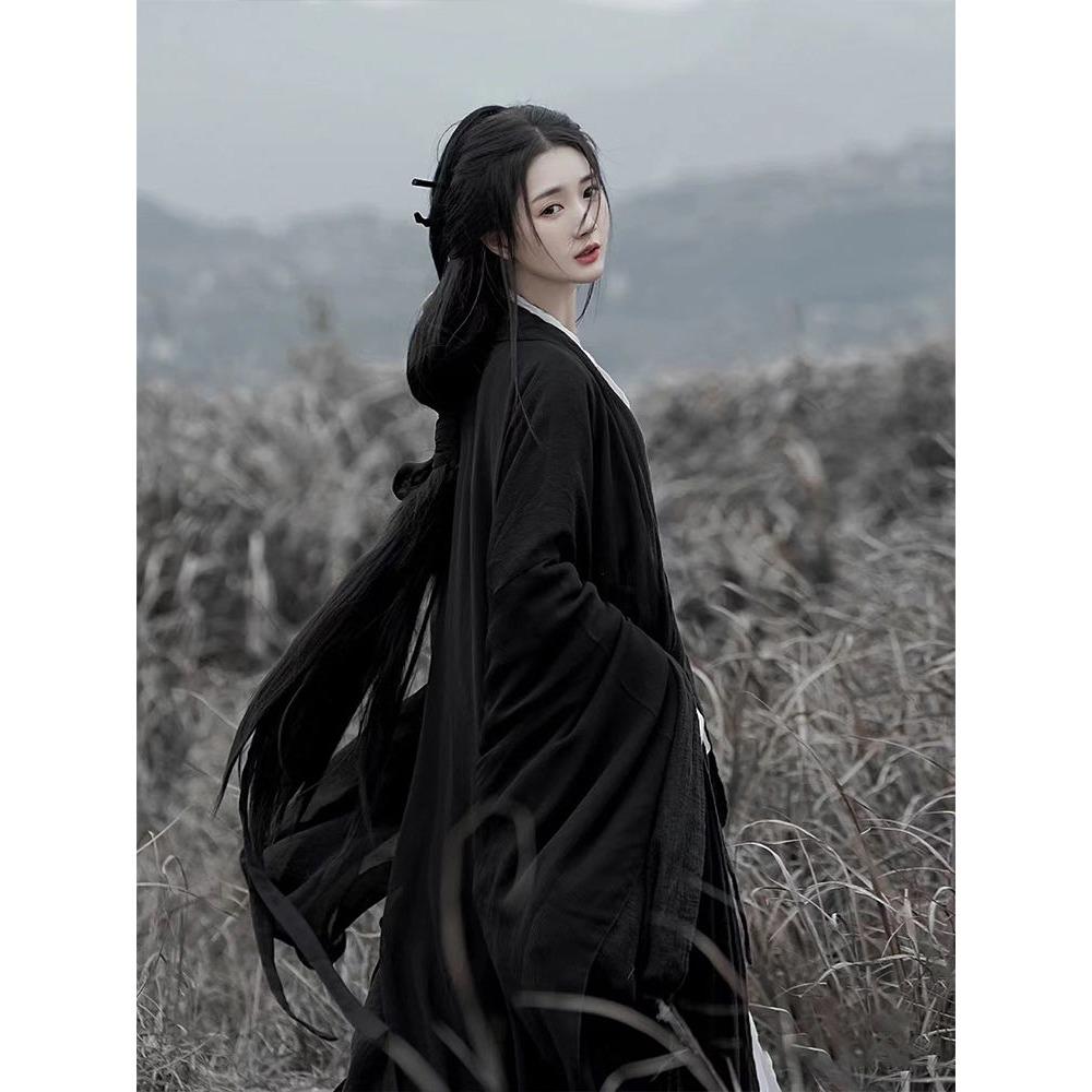 Китайская династия Вэй и Цзинь, стиль Ханфу, женская черная рубашка с большим рукавом и перекрестным воротником, полный комплект