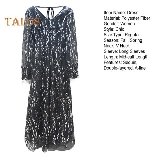 Женское вечернее платье с пайетками, кисточками, V-образным вырезом, длинными рукавами, А-силуэтом, плиссированным двухслойным платьем с тонкой талией и регулируемыми бретелями для свадебного коктейля