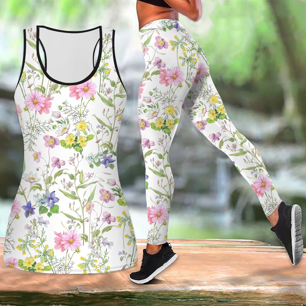 Простой и элегантный комплект для йоги с цветочным принтом для женщин, модные леггинсы для тренировок, фитнес-спорт, повседневный комплект для йоги, спортивный костюм