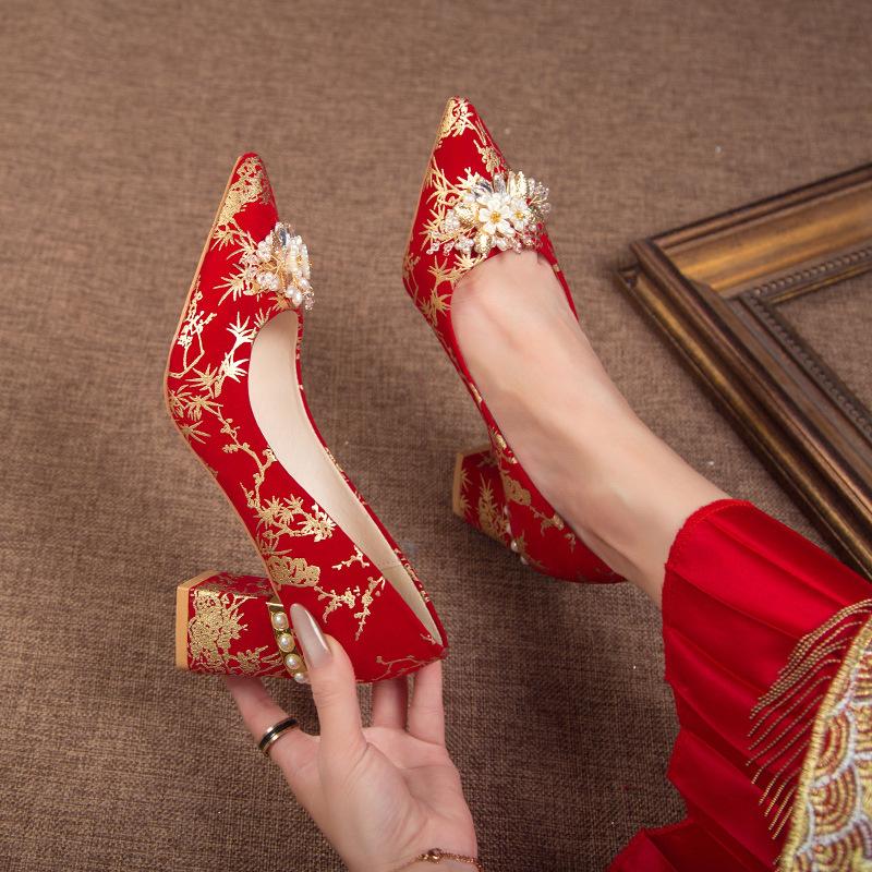 Wedding Shoes Women's New Bridal Shoes Pointed Head Shallow Mouth Xiuhe Shoes Bridesmaid Dress Shoes Thick Heel Wedding Shoes