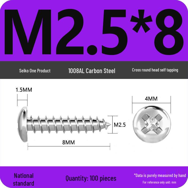 Galvanized Self-Tapping Screws, Round Head, White Zinc, PA Cross Pan, Pointed Tail M1.2-M4
