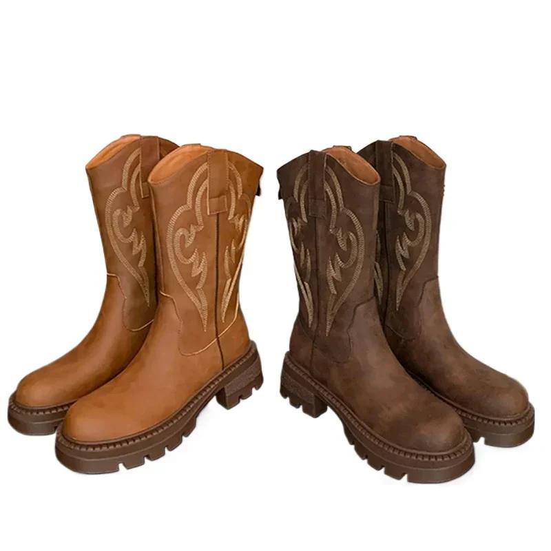 Женские туфли на плоской подошве средней длины тонкие стили Ботинки Челси Зимние ботинки Add plush 2024 весна осень Готические ботинки Светло-коричневые Zapatos Mujer