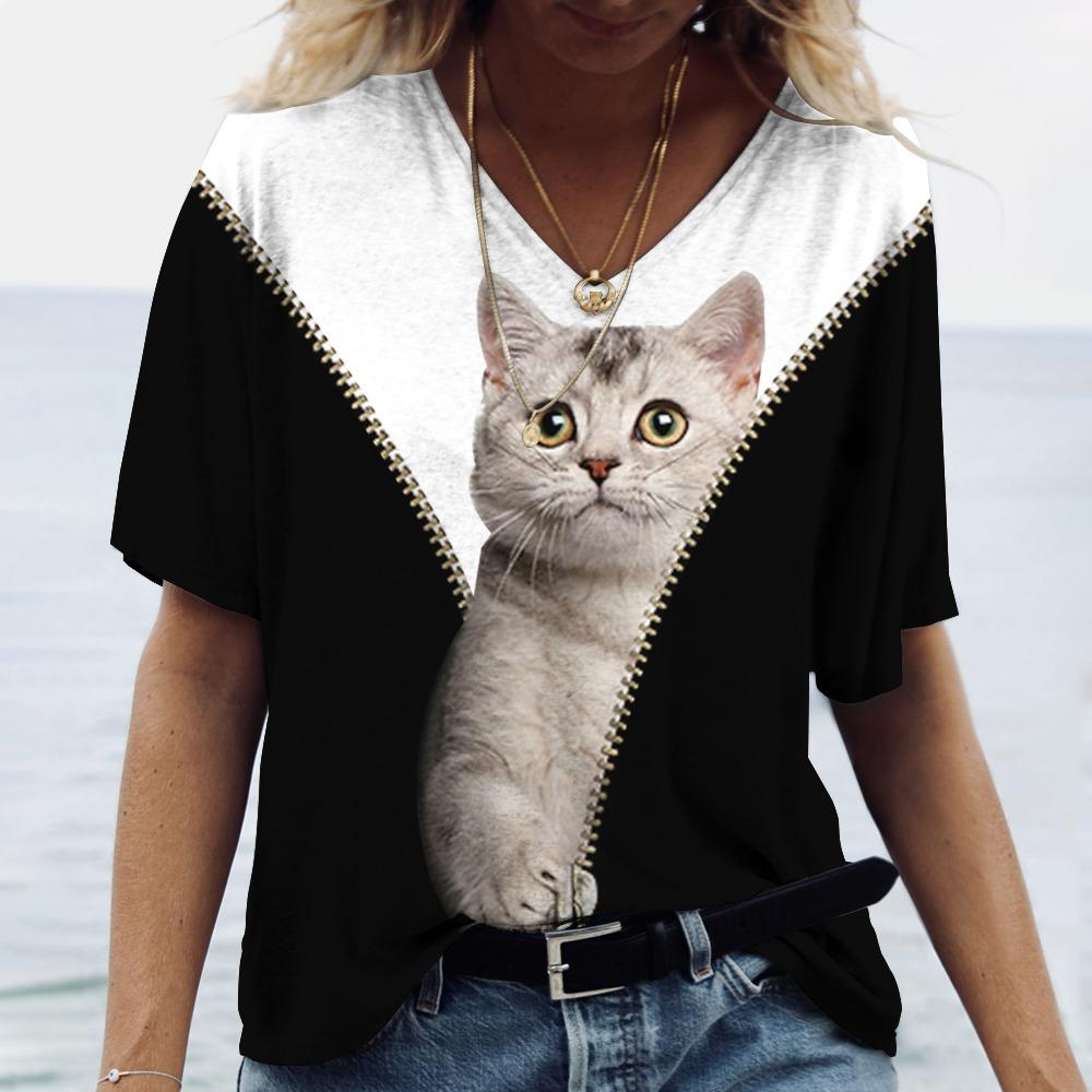 Футболка с 3D принтом кота, женские футболки большого размера с v-образным вырезом, топы, женские повседневные модные футболки с короткими рукавами, уличная одежда, женская одежда Y2k