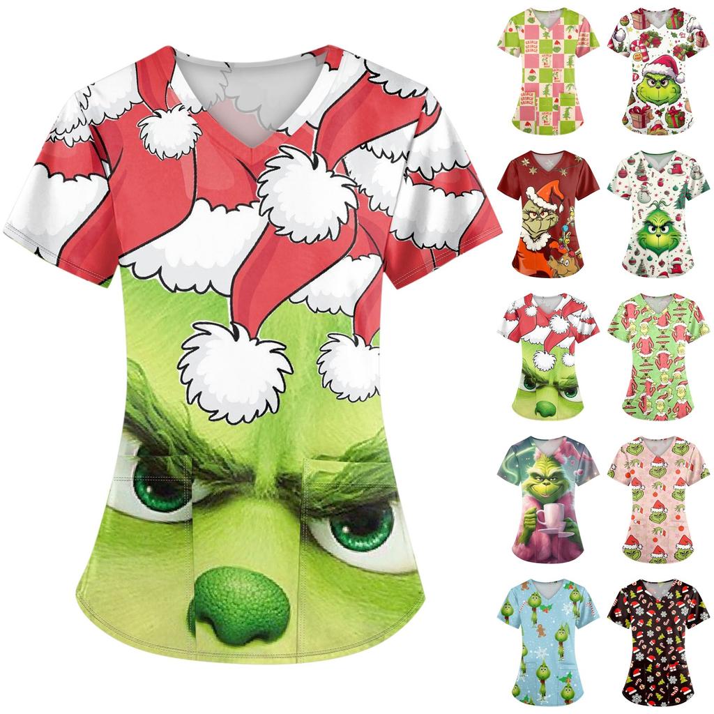 Women's Fashion Printed Short Sleeve V Neck Pattern Tops Pocket Working T-shirts