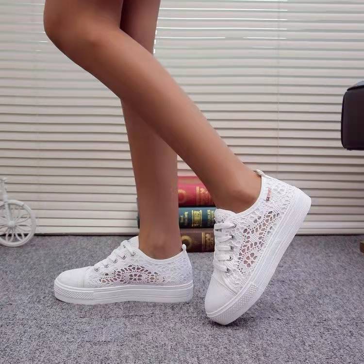 Women Shoes Fashion Summer Casual White Shoes Cutouts Lace Canvas Breathable Platform Flat Shoes Woman Sneakers