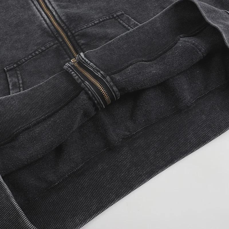 Толстовка с капюшоном из махровой ткани с потертостями на молнии, плотностью 350 г, большой размер, спущенное плечо, хлопок в стиле ретро