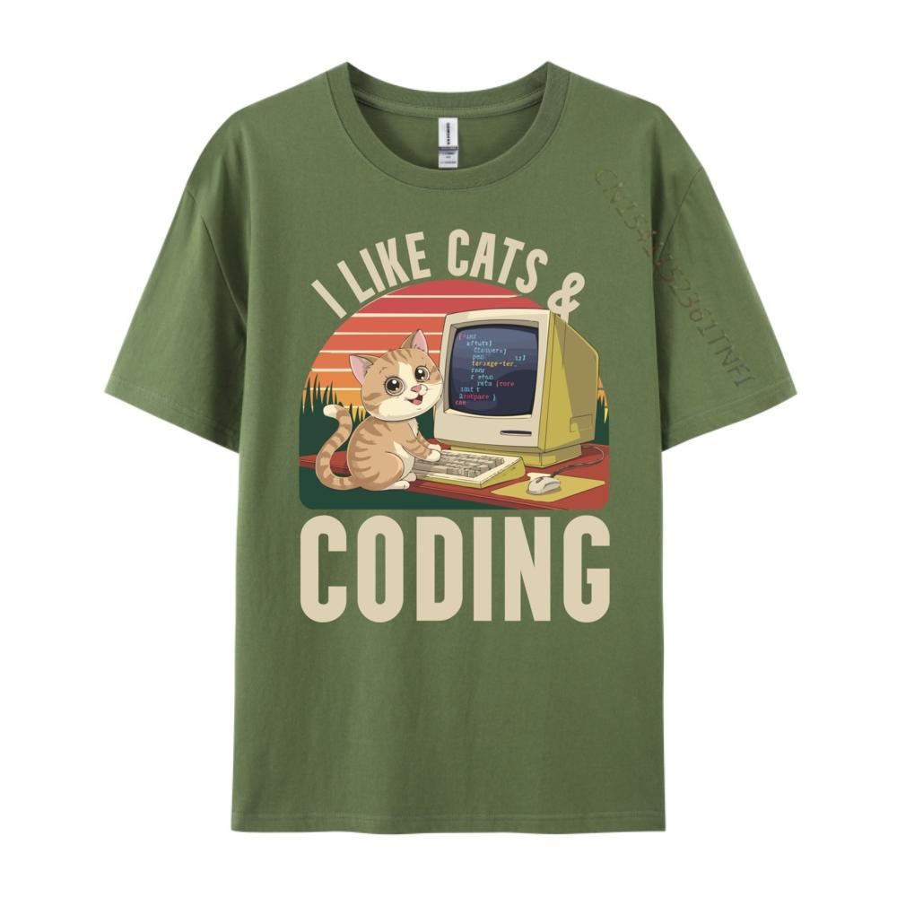 Programmer Cat Kitty Meow Animal Pet Computer Programming Vintage T Shirt Unisex Man Clothes Graphic Cotton Short Sleeve