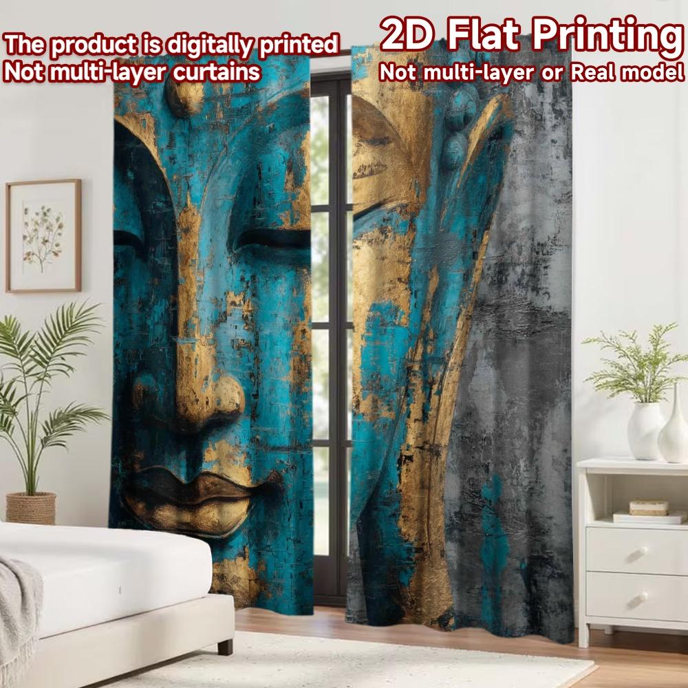 2D flat printing 2pcs Curtain Window Curtains Golden Buddha Portrait Digital Printed Polyester Drapes Party Decorations Use for