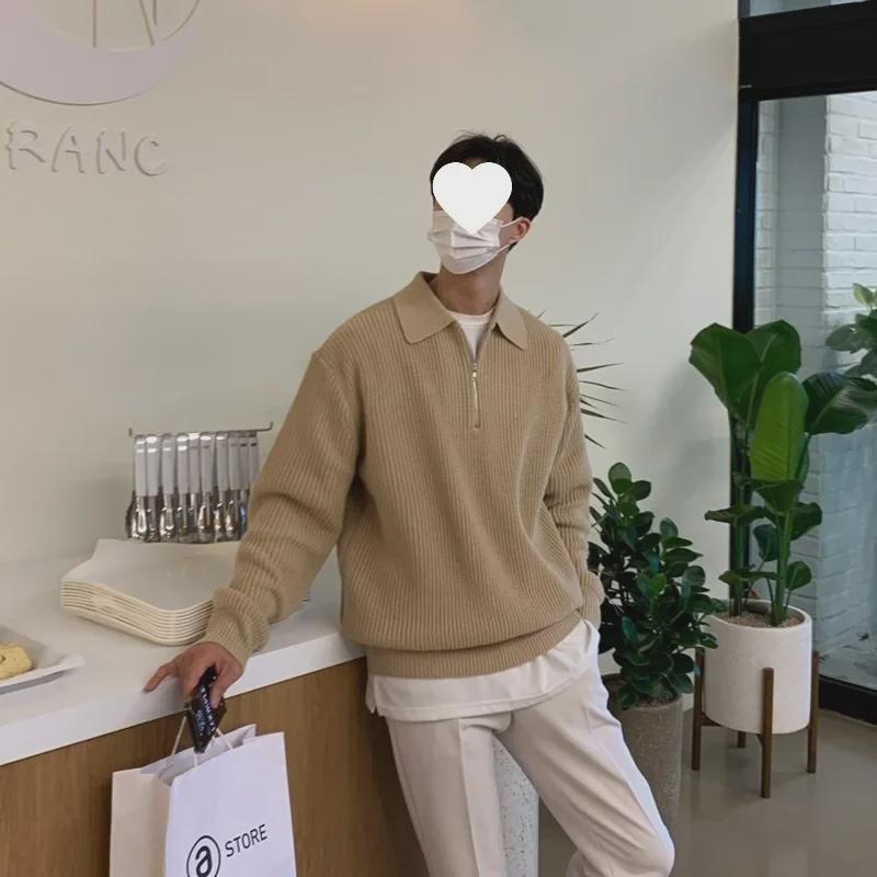 Мужской свитер в японском ретро-стиле с полумолнией и лацканами, осенне-зимний - свободный и повседневный стиль