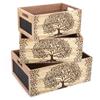 [A3080] - Set of 3 Wooden Nesting Crates 'Tree of Life' Beige Black - 40x31x22 Cm