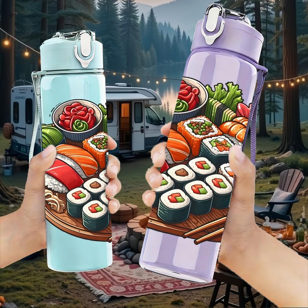 1PC Fresh Sushi Seafood Food Art Print 750ml Color Plastic Sports Water Bottle Leakproof Flip Straw Lid Suitable for Sports Office Home Use