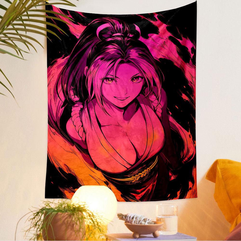 Pink Anime Girl Tapestry Wall Hanging, Cute Japanese Female Portrait Art, Kawaii Wall Decor for Bedroom Living Room Dorm
