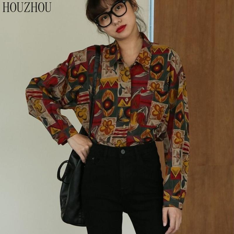 HOUZHOU Printed Blouses Women Loose Vintage Elegant Chic Casual Ins Oversized