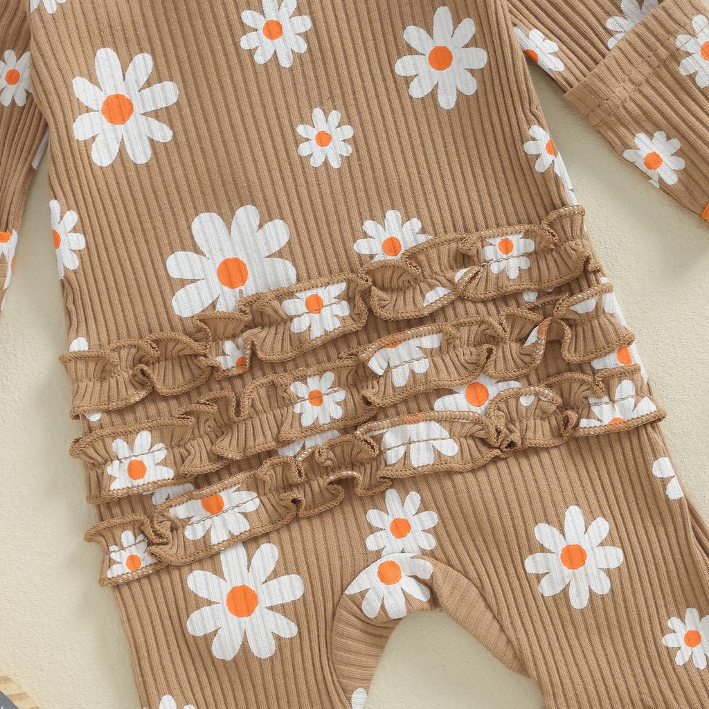 Детские комбинезоны для девочек, комбинезоны с цветочным принтом, круглым вырезом, длинными рукавами и оборками, осенняя одежда, боди с повязкой на голову