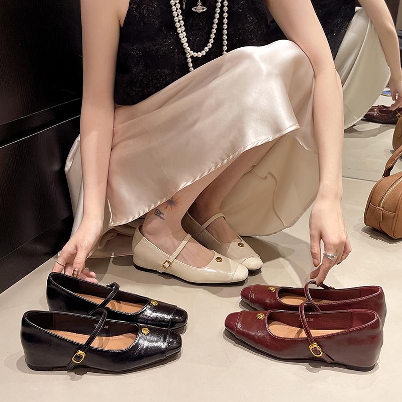 Xiaoxiangfeng Thick Heel Single Shoes Women's Ladyshoes 2025 French with Skirt Square Head Shallow Mouth Soft Leather Medium Heel Mary Jane Shoes