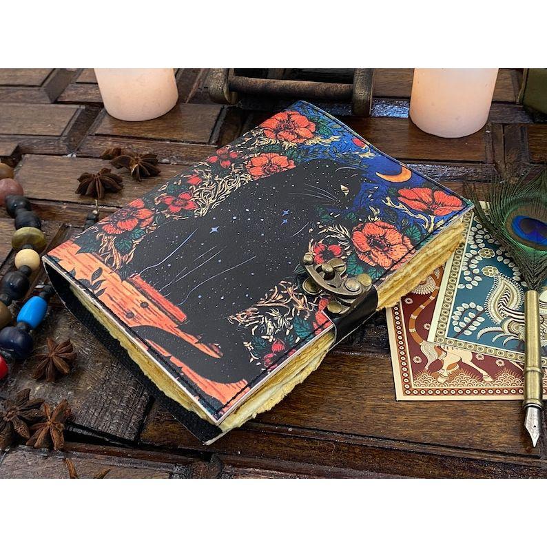 Grimoire Celtic Cat Book of Shadow Leather Journal Spell Book - Witch Wiccan Notebook Sketchbook Journal -Handmade Deckle Edge Paper