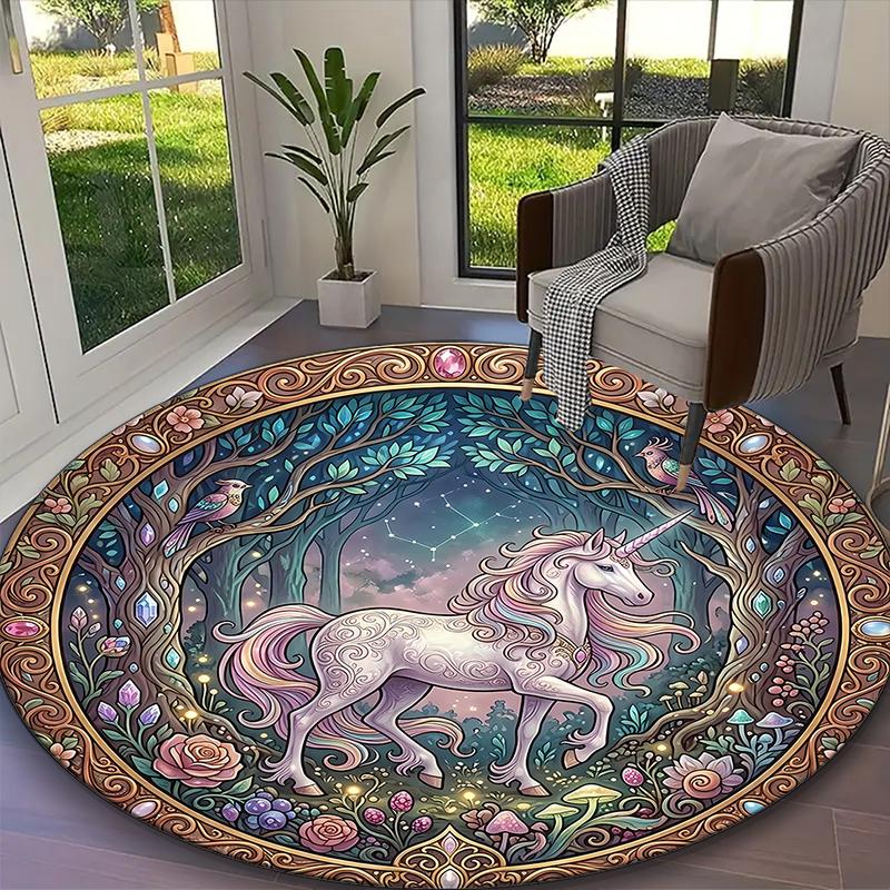 1pc Office Printed Round Carpet, Enchanted Starry Unicorn Rug, Home Sofa Chair Mat For Christmas and Halloween Décor