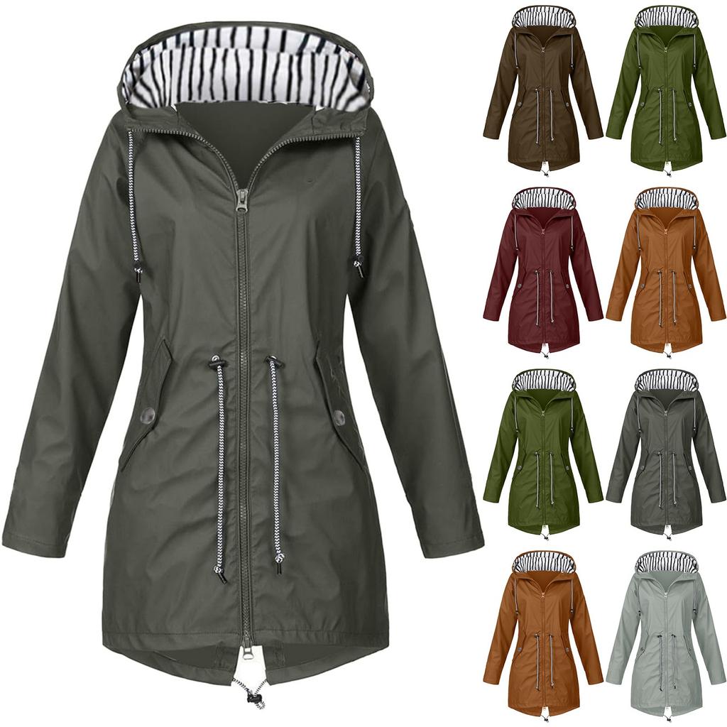 Женская однотонная полосатая куртка от дождя на открытом воздухе плюс средний и длинный водонепроницаемый плащ с капюшоном ветрозащитный