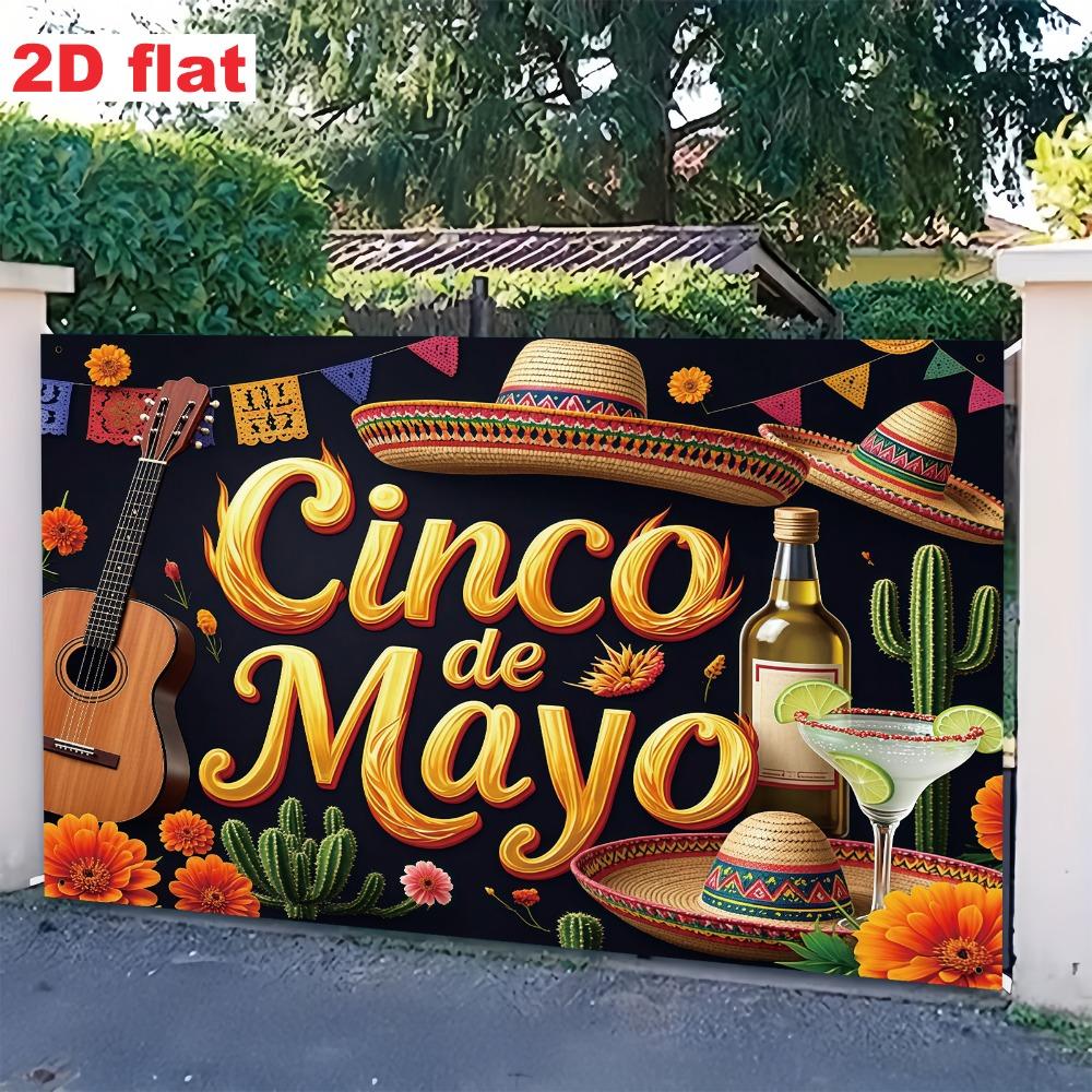 2D flat banner 1 piece Mexican May 5th Festival background equipped with a wide brimmed straw hat and tequila