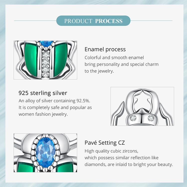 WOSTU 925 Sterling Silver Green Enamel Wings Blue Zircon Beetle Bead Charms for Women Bangle and Bracelet DIY Jewelry