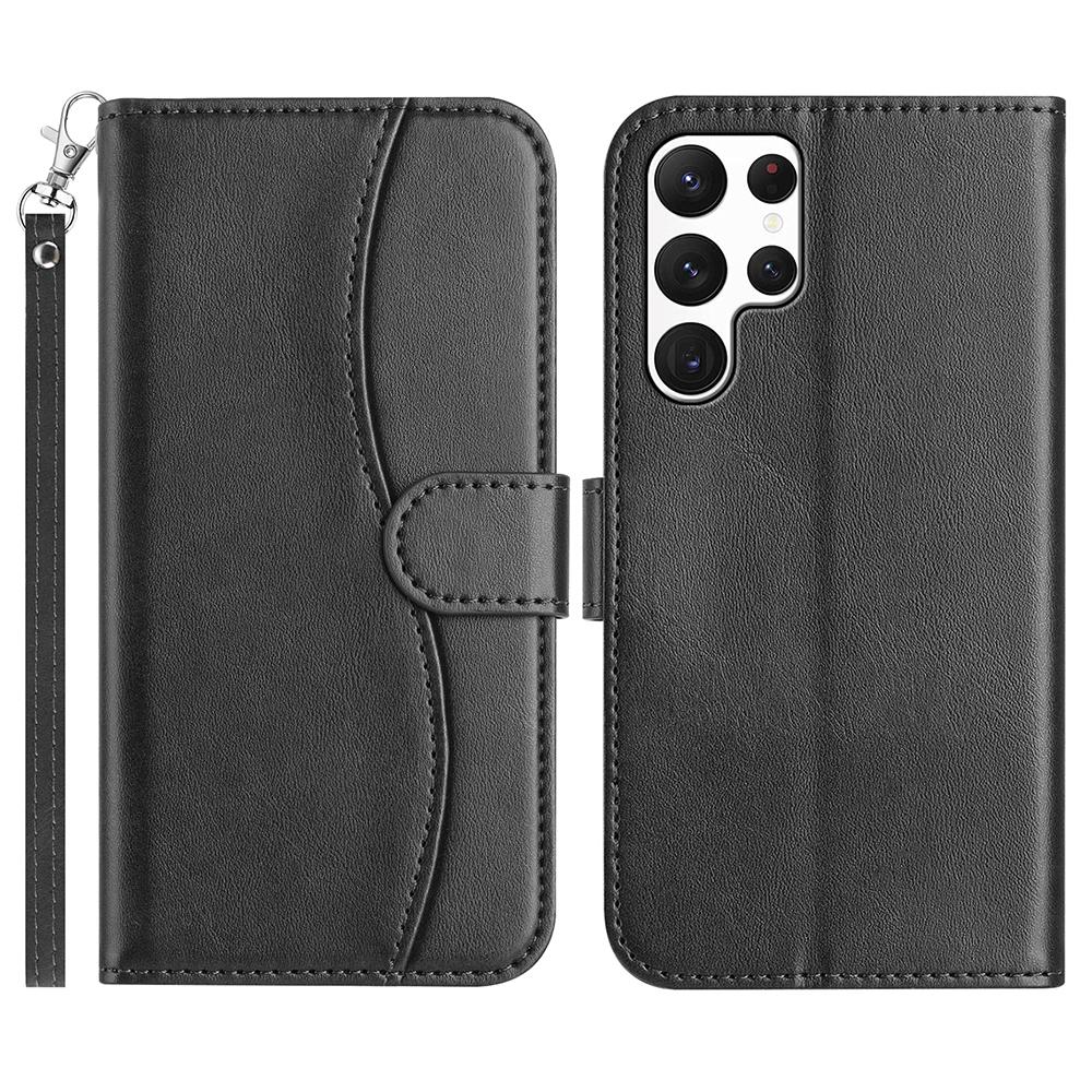 For Samsung Galaxy S24 Ultra Stand Case with Strap PU Leather Wallet Phone Cover S Shape Stitching Design