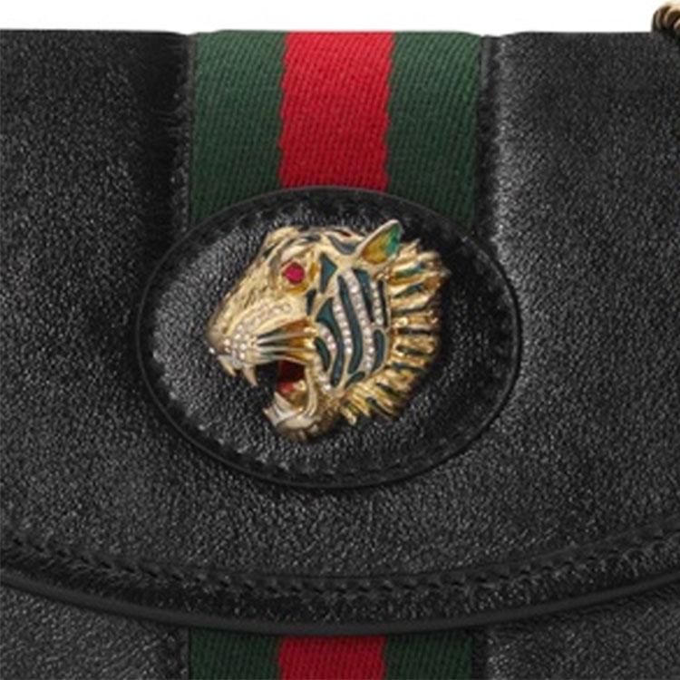 Gucci Rajah Crystal Enamel Tiger Head Decorated Striped Web Leather Chain Shoulder Bag Women Shoulder Bag Black 573797-0OLHX-8389
