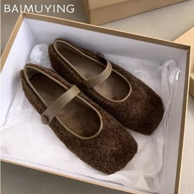 Меховые женские балетки с плоским квадратным носком, туфли Мэри Джейн из хлопка, женские 2025 года, трендовые зимние теплые элегантные туфли-лоферы