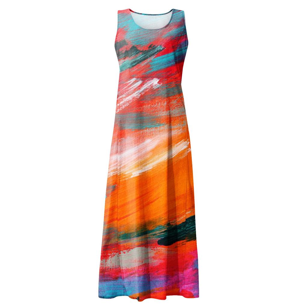 Женское летнее свободное свободное платье без рукавов с круглым вырезом и звездами в стиле пэчворк с цветным принтом и карманом