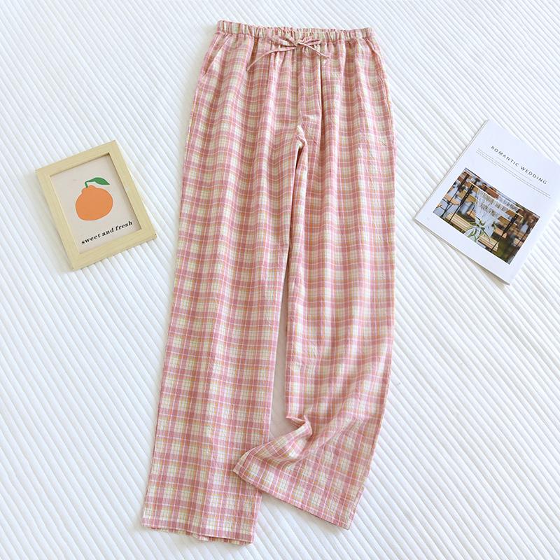 2025 New Spring/Summer Couple Sleeper Pants 100% Cotton Gauze Couple Pants Thin Japanese Checkered Home Pants Bottoms Womens