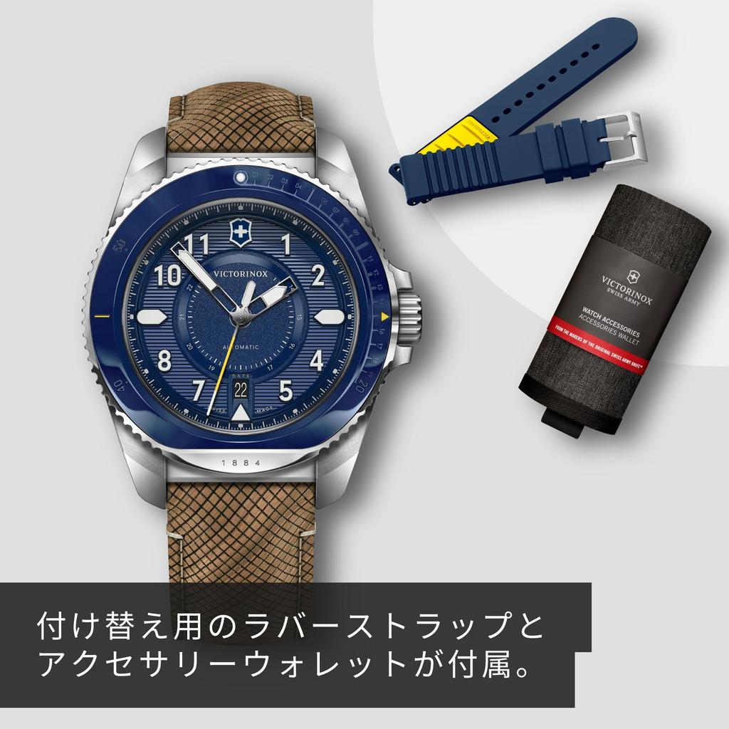 Victorinox ЧАСЫ JOURNEY 1884 Автоматические Корпус из нержавеющей стали Синий циферблат Деревянный ремешок Поставляются со сменным резиновым ремешком и кошельком для аксессуаров Водонепроницаемые