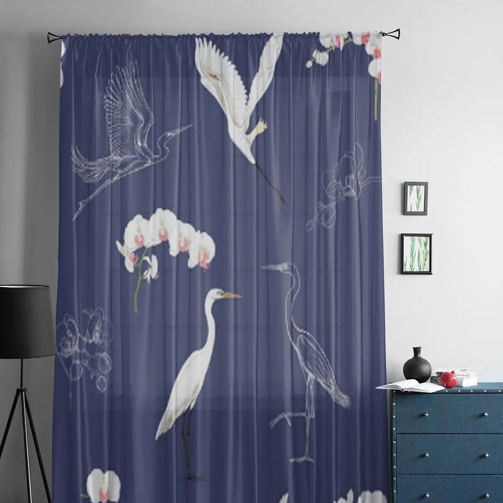 White Heron Cockatoo Parrot Sheer Curtains for Living Room Transparent Tulle Window Curtain Bedroom Kitchen Decor Veil Drapes