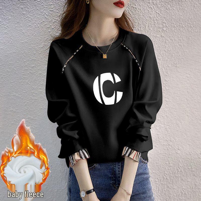 Women's Plus Velvet Loose Pullover - 2025 Spring/Autumn Korean Style, Long Sleeve Round Neck, Fake Two-Piece, Hoodless Top.