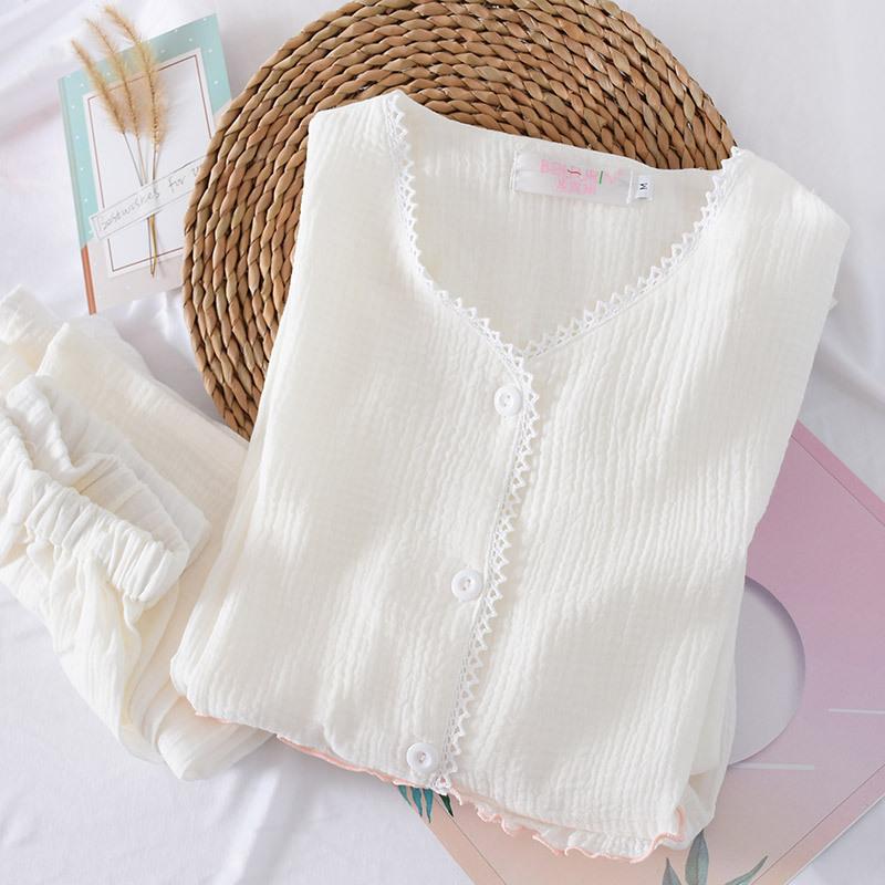 New Spring and Autumn Women's Pajamas Set Pure Cotton Crepe Long-sleeved Trousers Home Wear Set Women's Pajamas