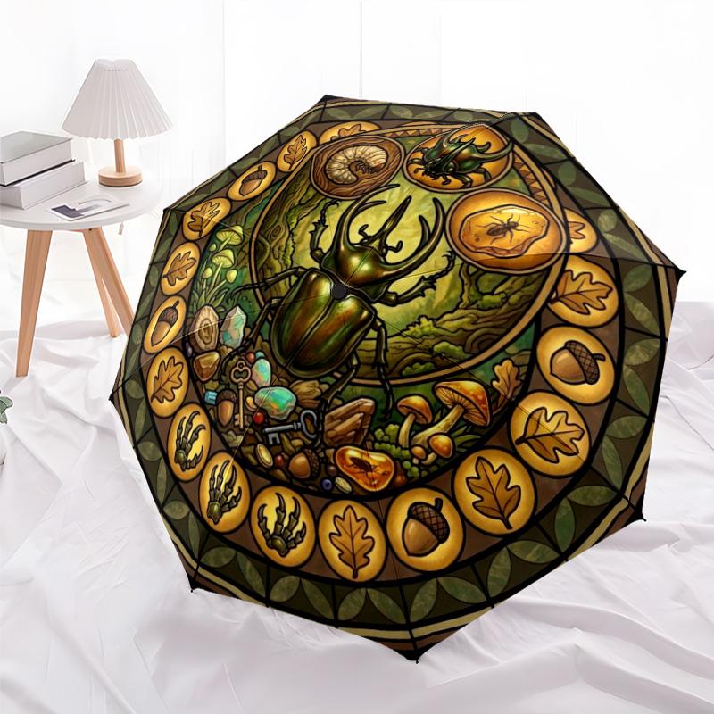Beetle Forest Symbols pattern umbrella, portable and foldable design, 8 ribs, a casual accessory for Halloween, Christmas, and birthday gifts.
