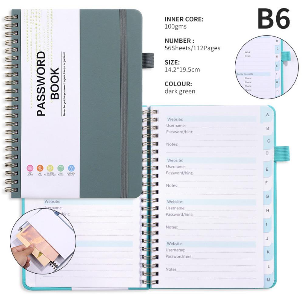 With Alphabetical Tabs Pocket Password Keeper Book Coil Book A6/B6 Size Password Keeper Notebook Portable with Penholder
