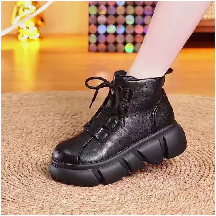 Platform Boots British Martin Boots Women's 2025 New Mid-heel Black Autumn Heightening Soft Leather Muffin Short Boots