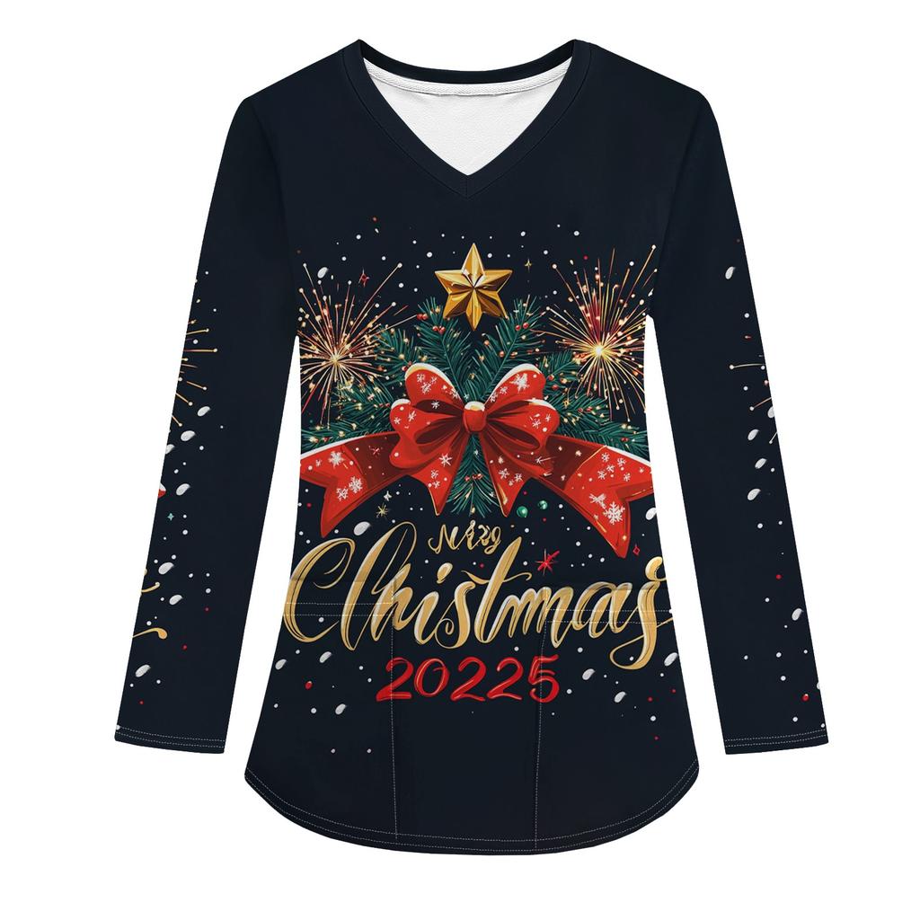 Женская модная рабочая одежда с V-образным вырезом, длинным рукавом и карманом, рождественский принт, футболка, топ