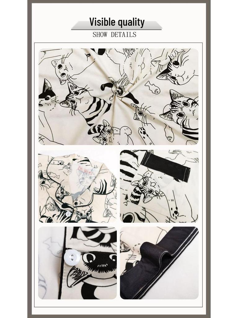 Женский мультяшный пижамный комплект с кошкой - Летний кардиган, Короткий рукав, Шорты, Свободная домашняя одежда больших размеров