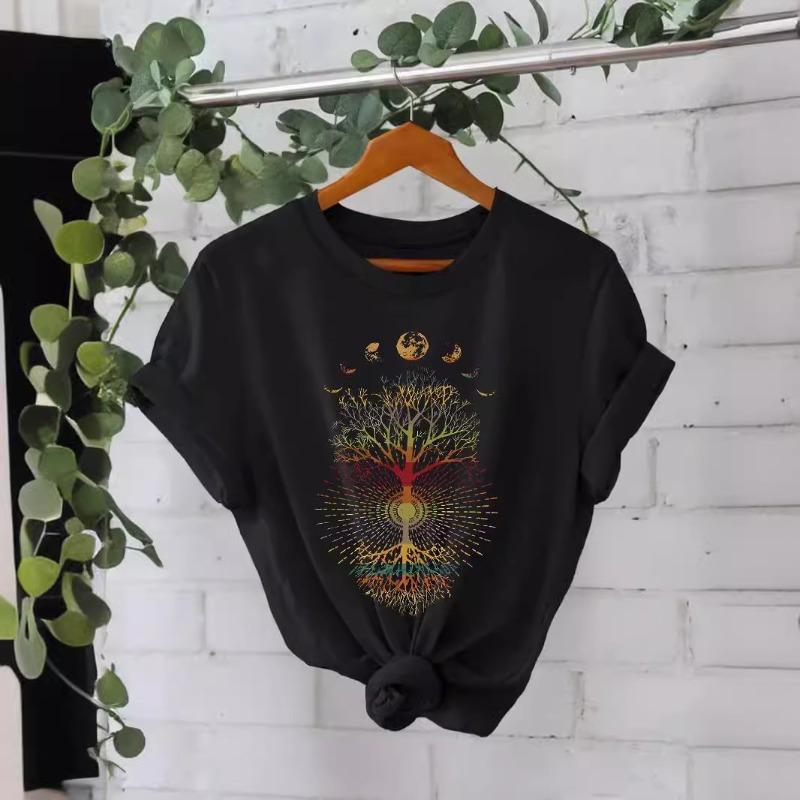 Футболка из чистого хлопка с круглым вырезом и принтом, летние футболки с короткими рукавами для женщин