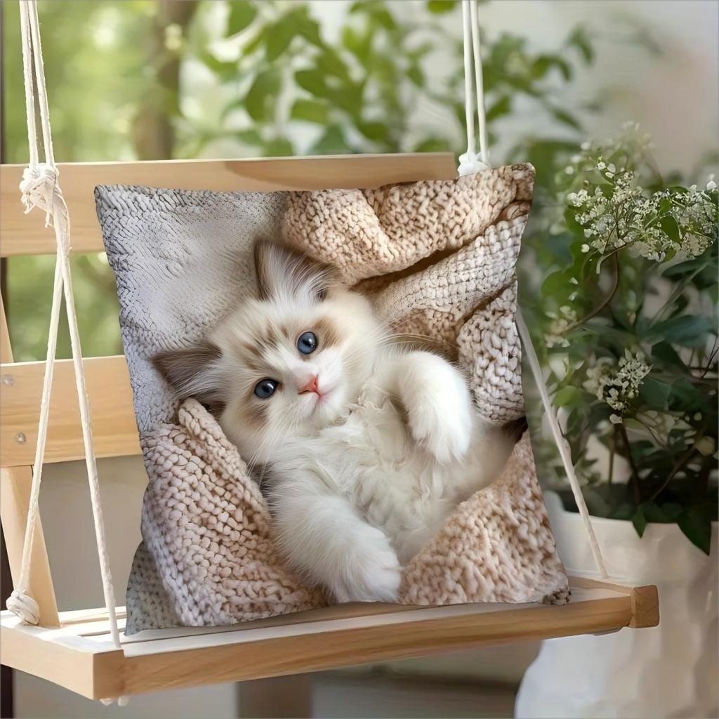 Cute Fluffy Ragdoll Kitten Pillow Cover Realistic Cat Print Cozy Pet Cushion Case For Sofa Bed Couch Cat Lover Home Decor Gifts