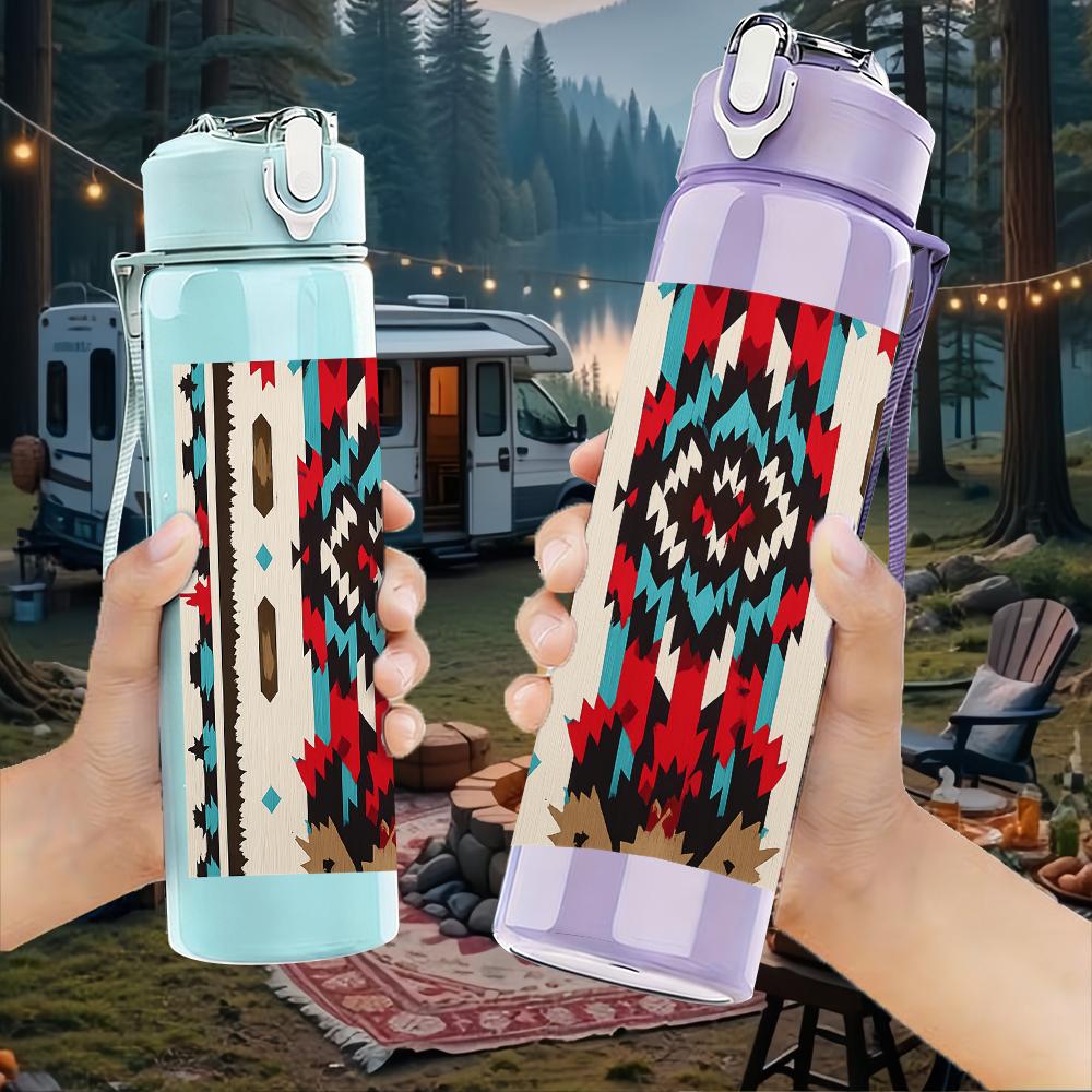 1PC Ethnic Geometric Rug 750ml Color Plastic Sports Water Bottle Leakproof Flip Straw Lid For Sports Office Home Use