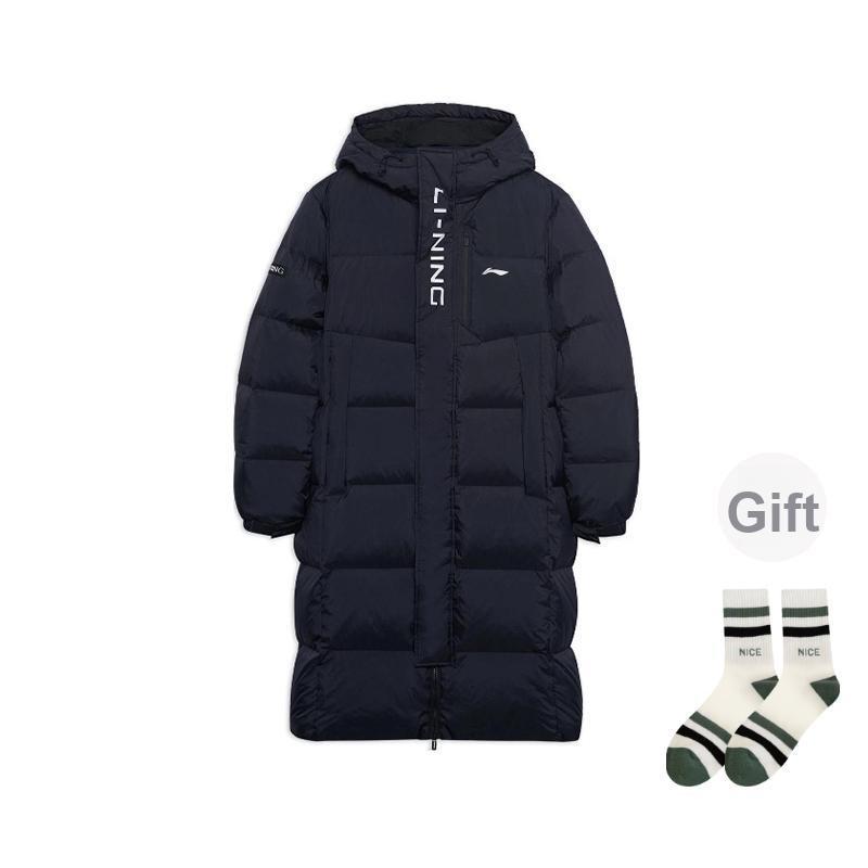 Li Ning Fitness Series Logo Letter средней длины с капюшоном теплая мужская куртка-пуховик черная AYMS413-1