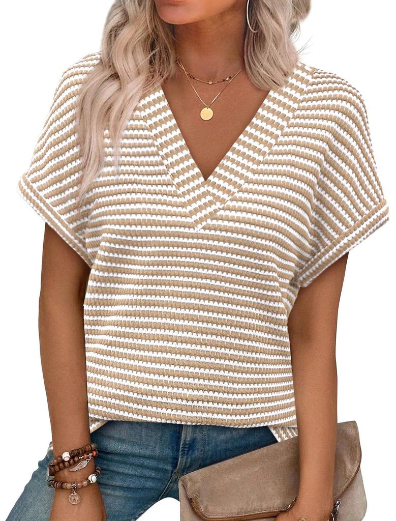 2026 Women's Summer New V-Neck Striped Pineapple Plaid Loose Short Sleeve T-Shirt Top