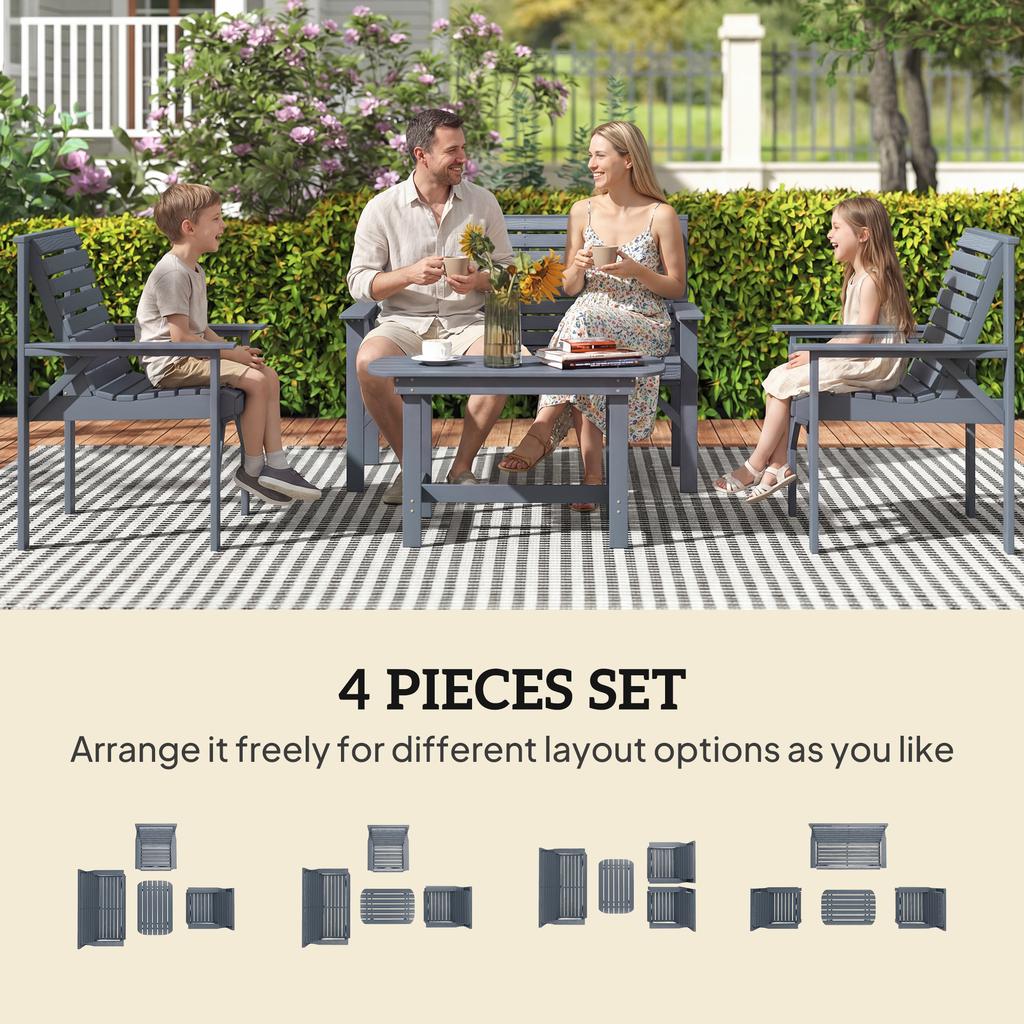 4 Piece Wooden Garden Furniture Set Outdoor Garden Sofa Set With 2 Armchairs Loveseat And Coffee Table Grey