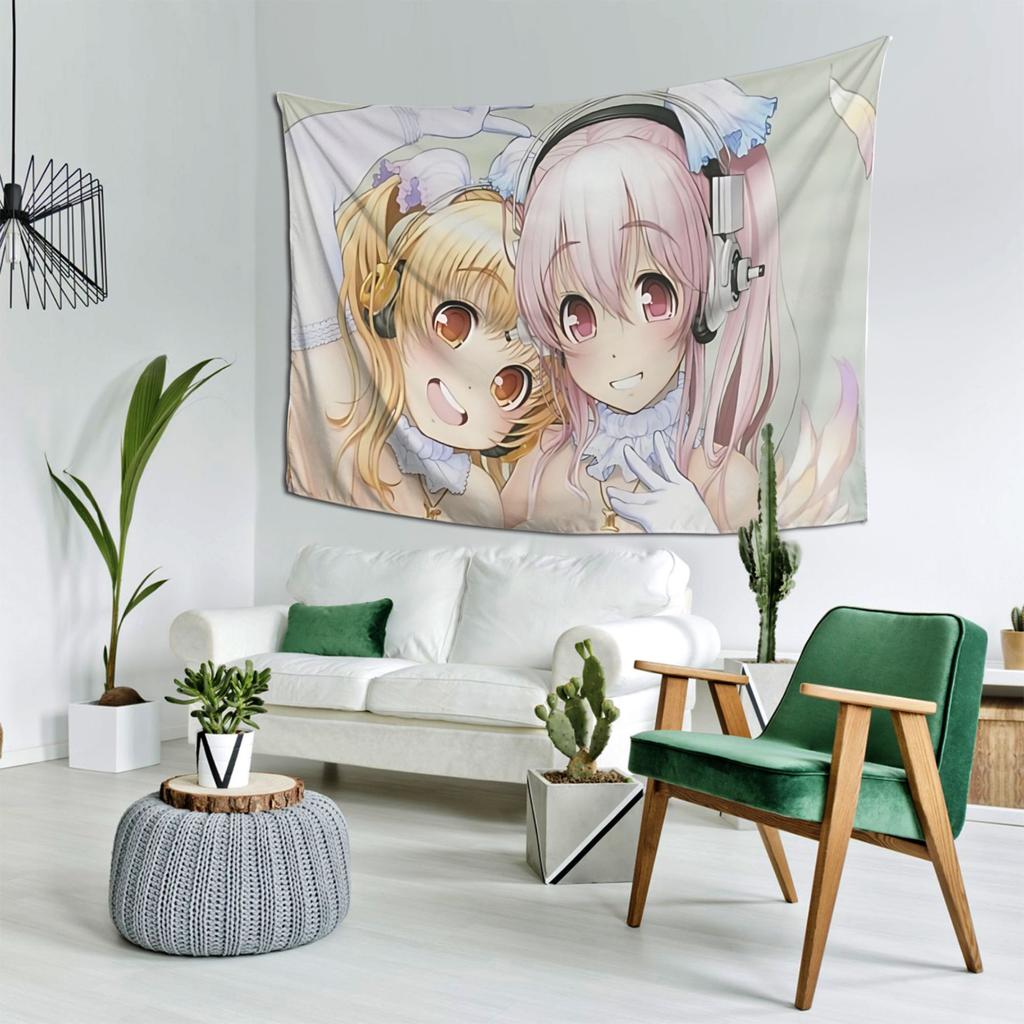 Гобелен Super Sonico и Super Pochaco Аниме Настенный Декор Стены Эстетичный Декор Комнаты Крутые Вещи Для Комнаты Ткань Для Фона Спальни Общежития